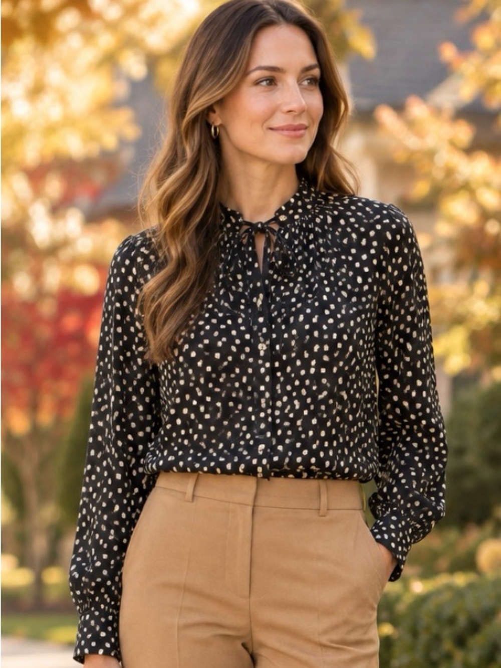 Ann Taylor Black Button-Down Shirt with White Dot Print